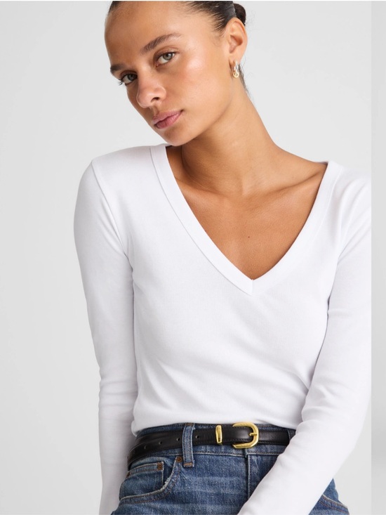 Madewell The '90s V-Neck Long-Sleeve Tee in Compact Cotton Size M - Picture 2 of 8